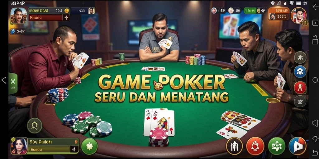 Screenshot gameplay 4P4P menampilkan suasana meja Poker yang penuh aksi.