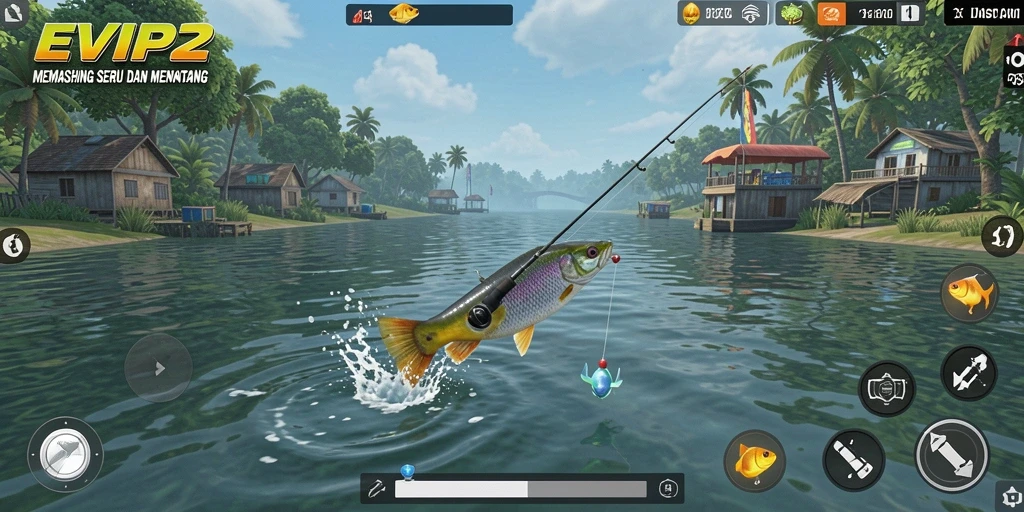 Menampilkan gameplay seru memancing dengan berbagai jenis ikan.