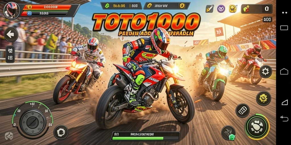 Tampilan gameplay seru TOTO1000 saat balapan motor di lintasan.